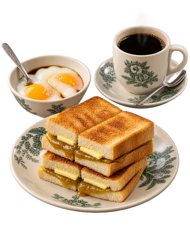Set Sarapan MUU with kaya butter toast, eggs and hot kopi